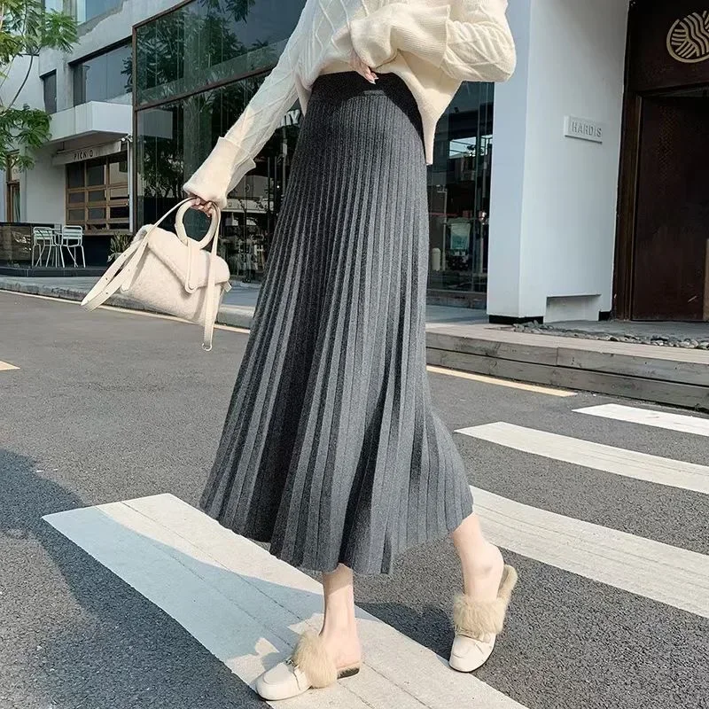 Knitted Long Maxi Skirt Women 2023 Fall Winter Casual Solid Thick Warm A Line High Waist Ankle Length Skirt Female Ladies