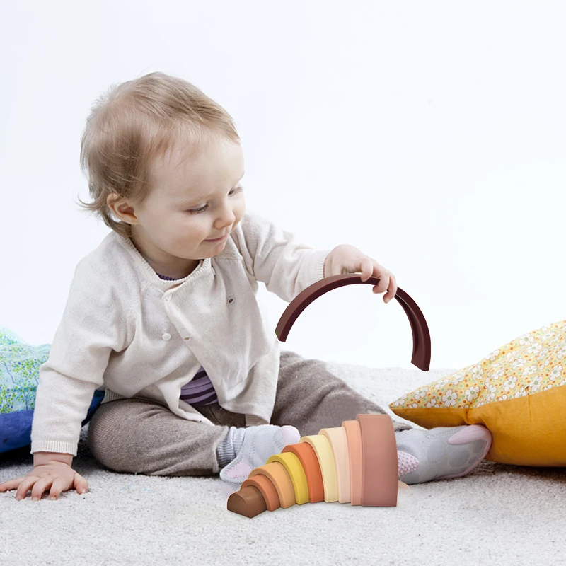 10PCS Rainbow Stacker Nesting Puzzle Blocks Silicone Stacking Toys Building Blocks Educational Toys Learning Montessori Toys