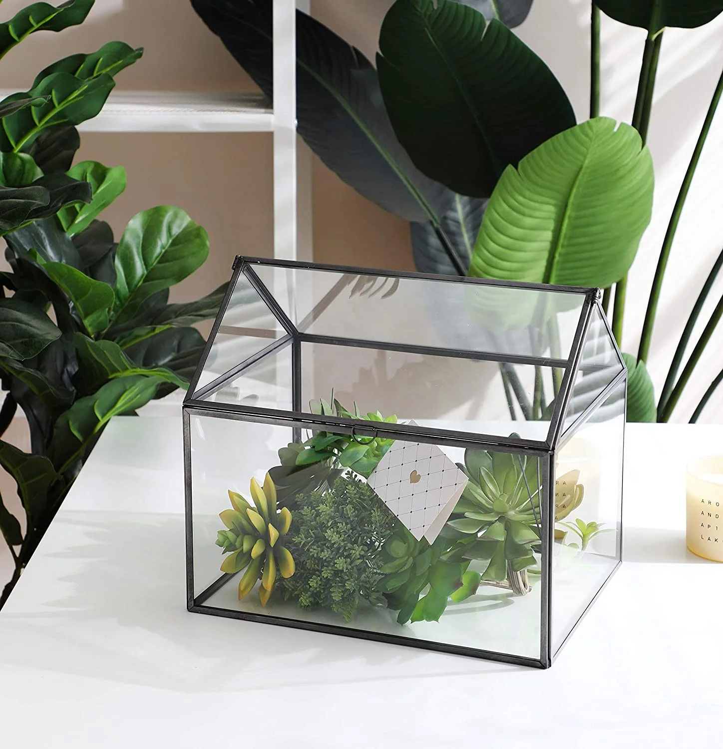 Black Large Glass Geometric Terrarium Container Tabletop House Shape Box Planter with Swing Moss Fern Lid