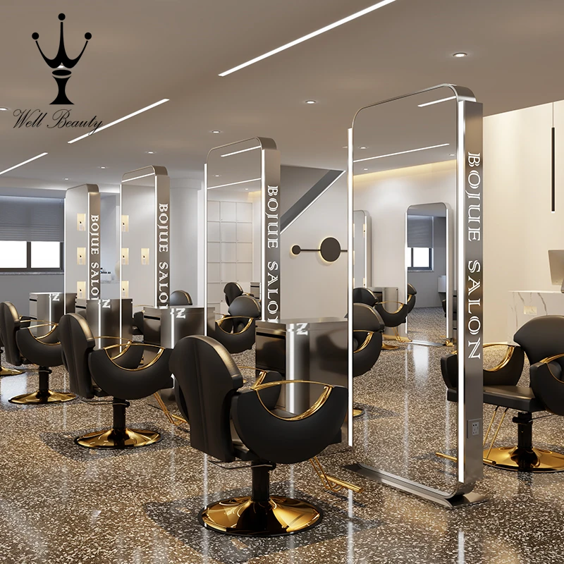 
LED Luxury Light floor LED Cabinet Hair Beauty Salon furniture Barber Mirror Station 
