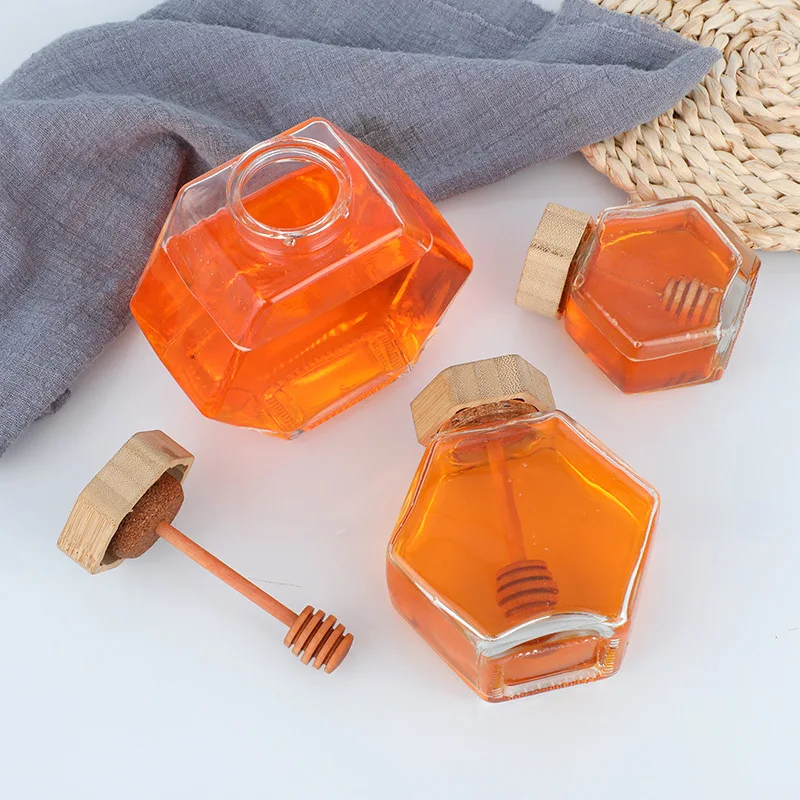 Hot selling Hexagon Shaped Wood Lid Glass Honey Jar With Dipper Kitchen&Tabletop Honey Glass Bottle