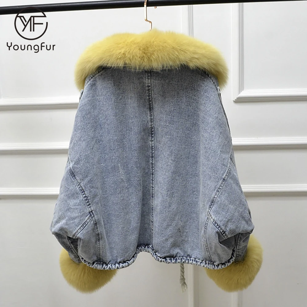 Winter women warm parka real rex rabbit fur lining jean coat with fox fur sleeve cuff black denim jacket