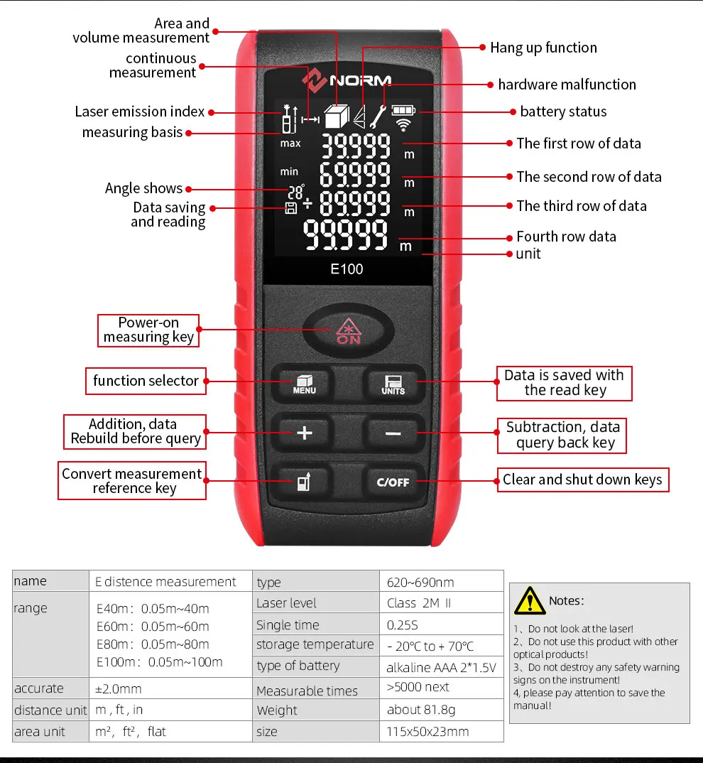60m Laser Distance Meter 60m Distance Meter Laser Digital Measuring Tape Tool Metre Tape Measure