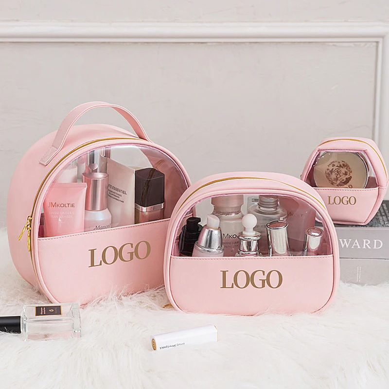 Custom logo Fashion pink Pvc Plastic Transparent clear Zipper Kids Travel Wash Toiletry Pouch Makeup Cosmetic Bag with Zipper