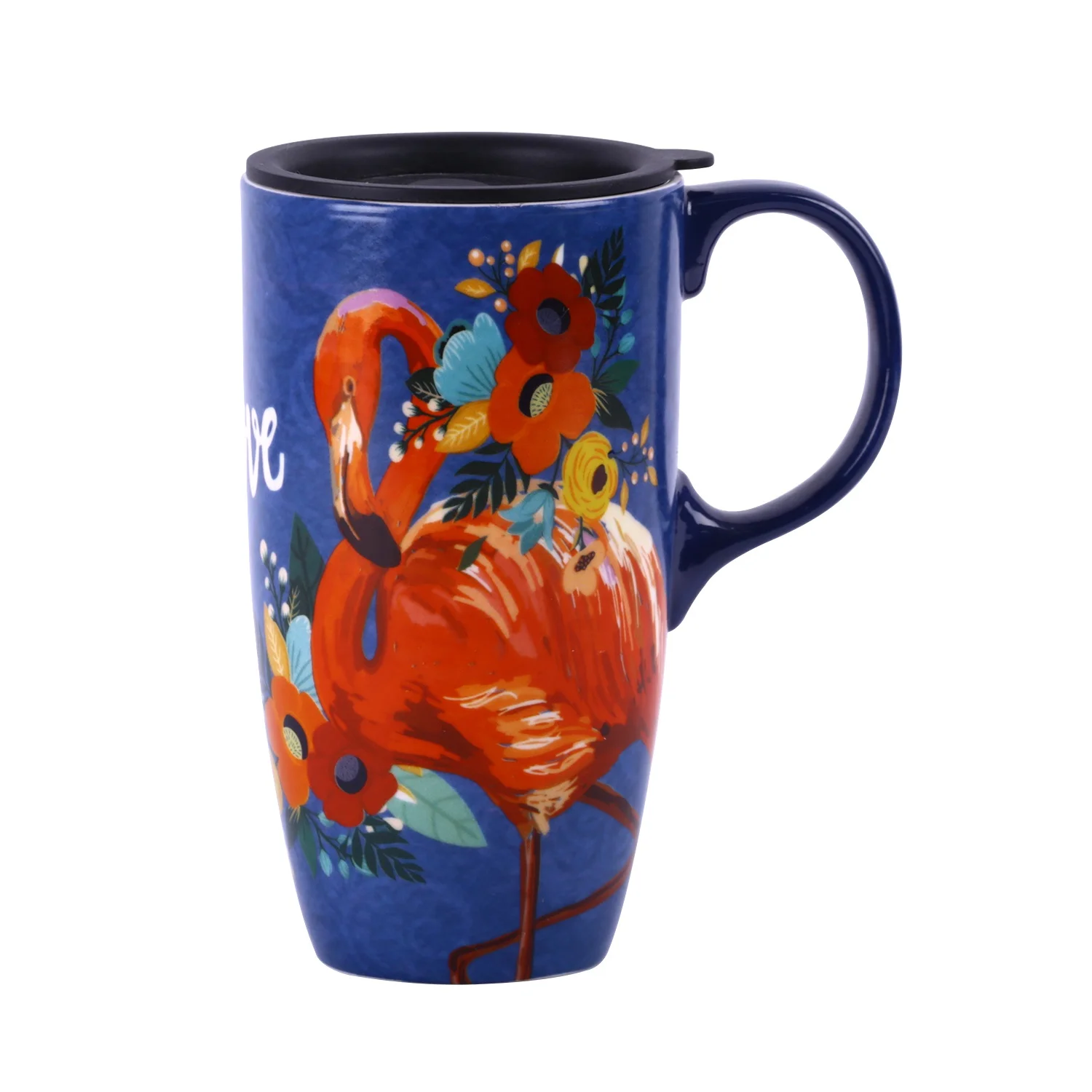 
 TZSSP 17oz. Flamingo pattern Tall Coffee Cup Porcelain Latte Tea Cup Ceramic Mug With Lid  