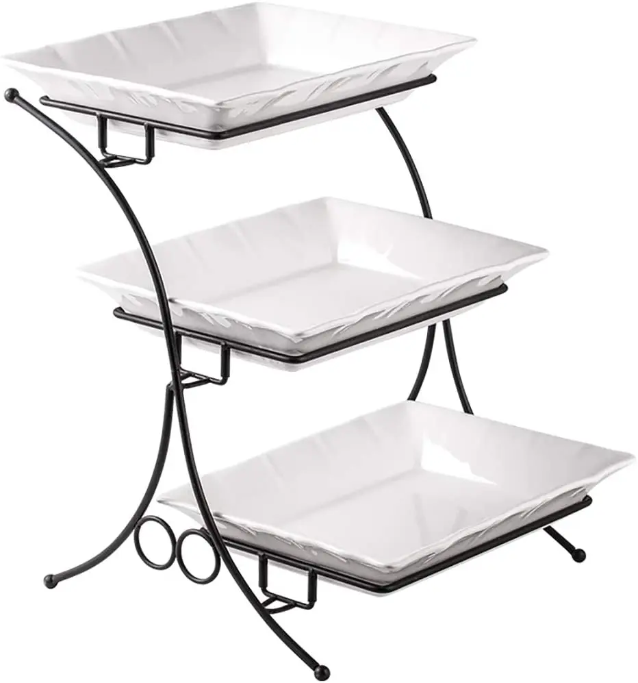 3 Tier Buffet Server with Casserole Perfect Tray Serving Display Large Size Porcelain Baking Set with Stand Tiered Serving
