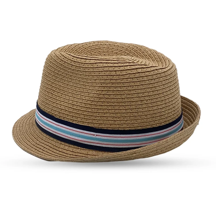 Оптовая продажа, уличная Складная светло-коричневая соломенная шляпа для мальчиков с полосатой лентой