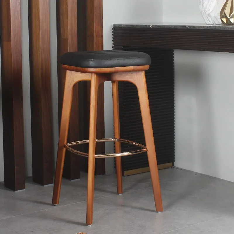 upholstered PU Leather Cushion Round wooden pedal Stationary without back side chair Kitchen Ash wooden bar chair wine stool