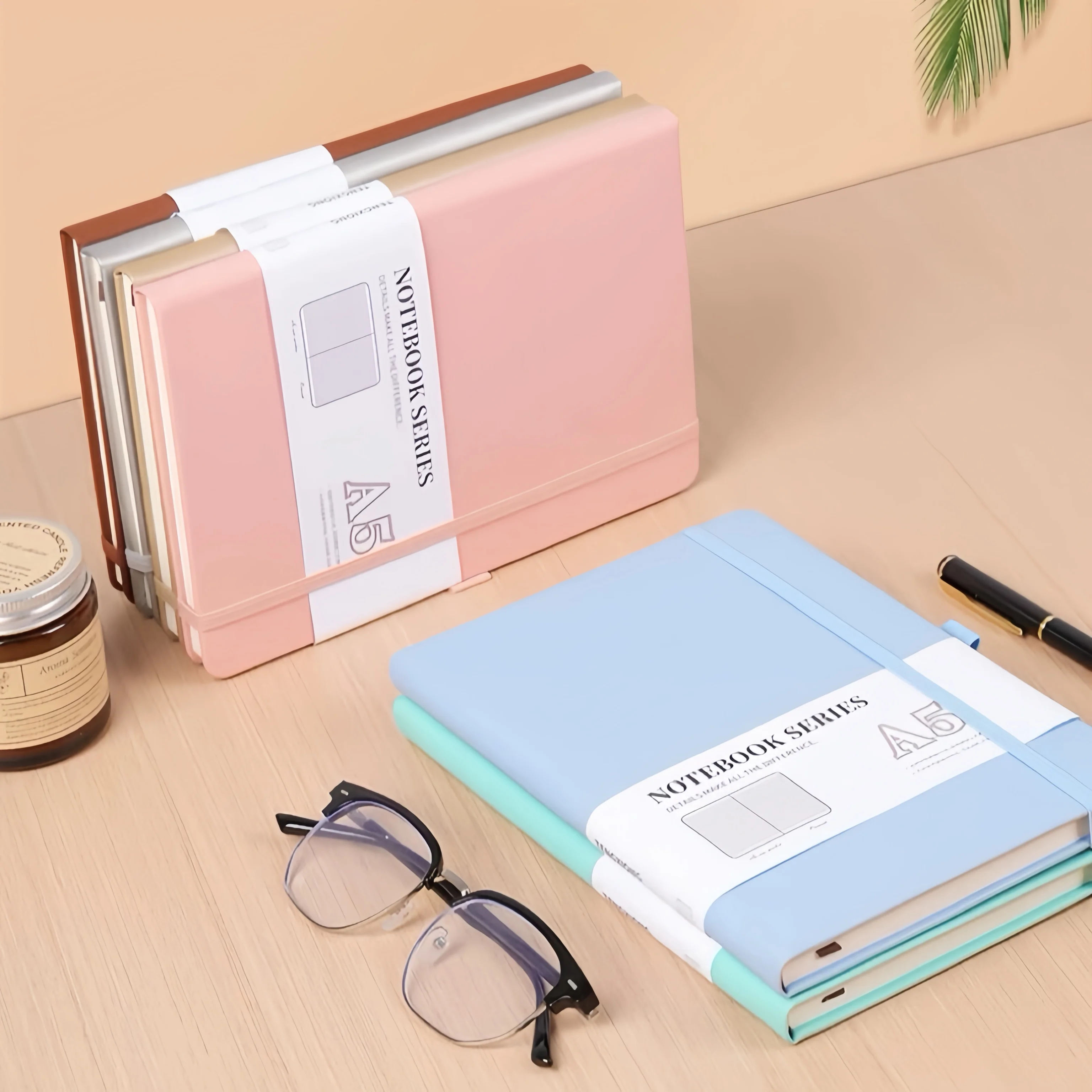 Promotional Customized Logo Printing Aesthetic Dot Grid Lined Jotter Diary Business Pu Leather Hard Cover Notebook With Bandage