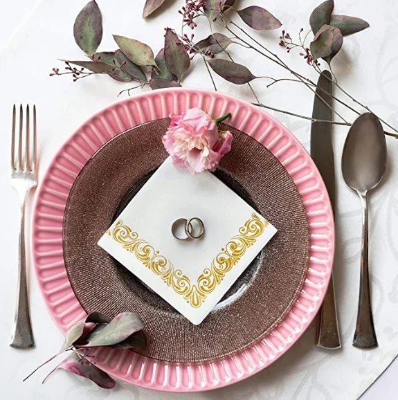 White & Gold Floral airlaid beverage napkins--Disposable Linenlike Fancy Flowered Paper Napkins For Bathroom