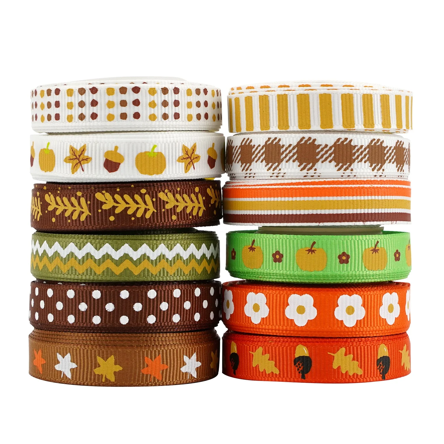 
Huihuang Professional Ribbons Supplier 5 Yards x 12 Rolls Ink Printing Fall Autumn Gift Ribbon Assortment On Grosgrain Ribbon 