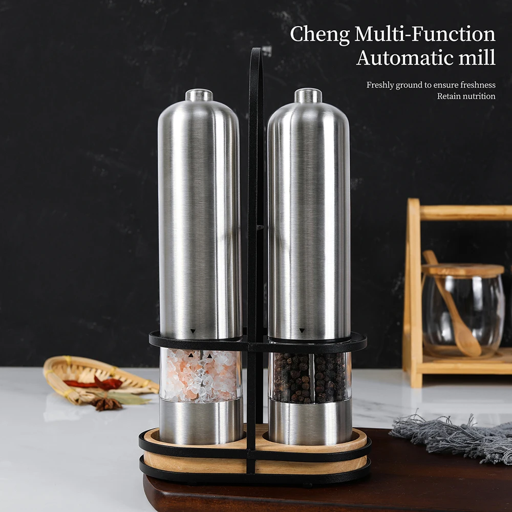 Electric Salt Pepper Mill Stainless Steel One-handed operation Spice Mill with Led Light and Stand Home Kitchen Seasoning Tool