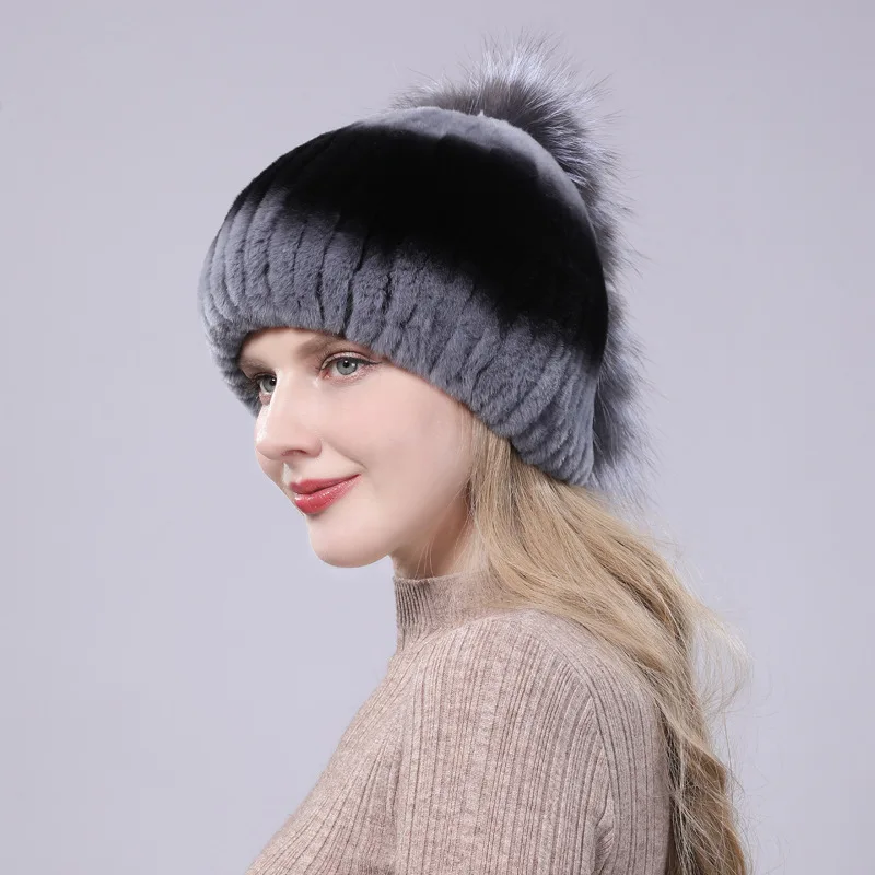 Winter New Fashion Rex Rabbit Fur Hat Contrast Color Keep Warm Women Knit Fur Hats