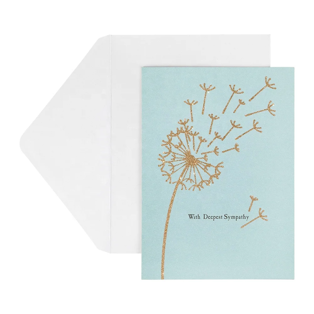 Custom OEM 5x7 Dandelion Gold Glitter Plain Sympathy Greeting Card and Envelopes