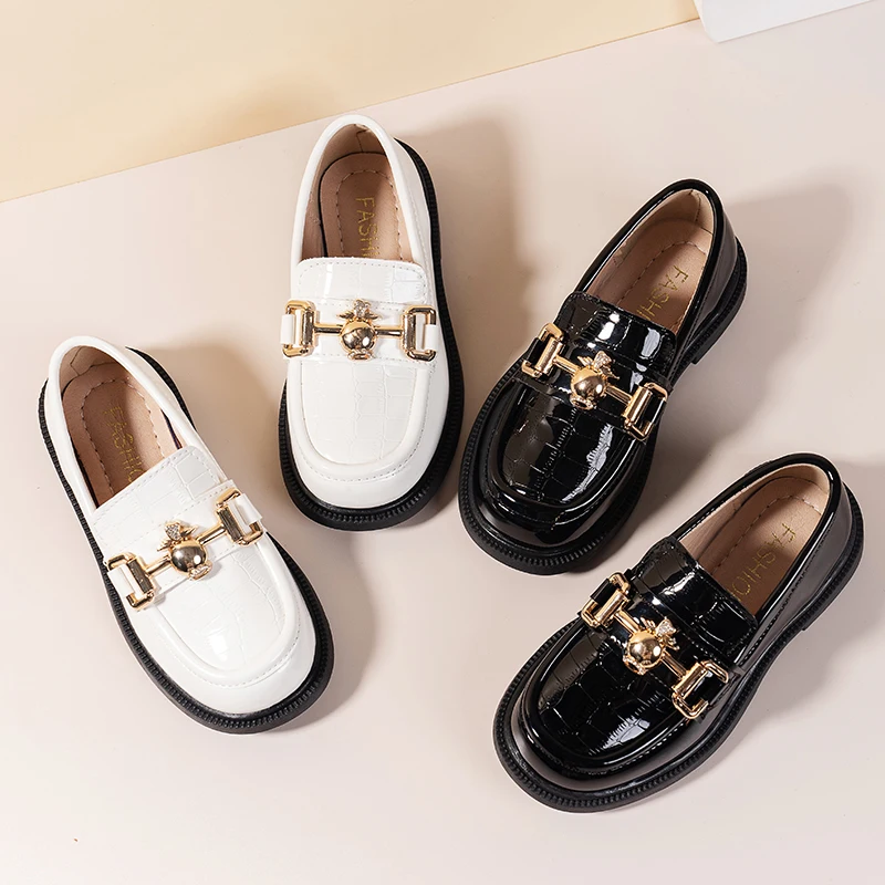 Spring Autumn Fashion Style Solid Color Black Girl White Leather School Kids Shoes For Dress