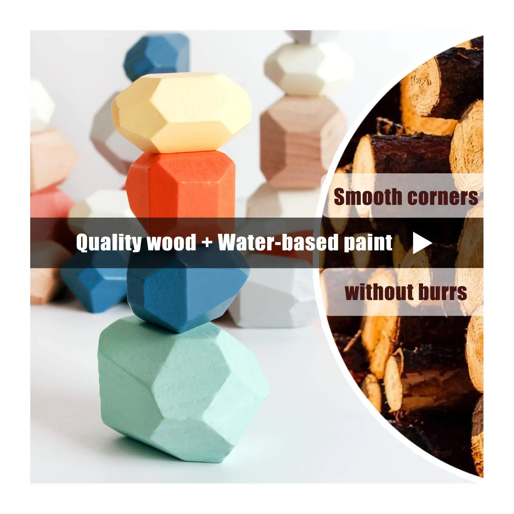 Wooden Sorting Stacking Rocks Stones 36 PCS Sensory Toddler Toys Learning Montessori Toys Building Blocks Game For Toddler