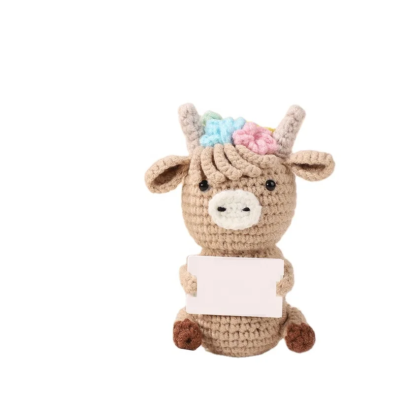 Knitted Positive Highland Cow Crochet Inspirational Knitted Doll with Positive Card Positive Cow Uplifting Knitted toy Gift