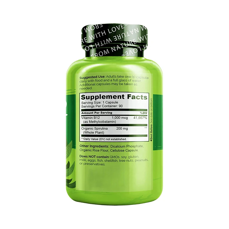 OEM Vegan B12 Capsules Infused with Spirulina 1000MGG,90Capsules Methylcobalamin Dietary Supplement
