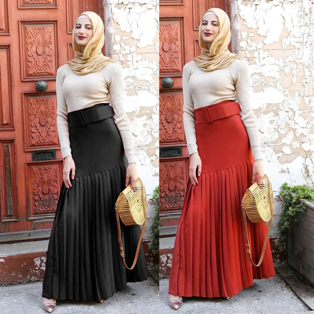 2021 Dubai Africa Islamic clothing good quality cotton fashion women  pleated red long skirt with belt