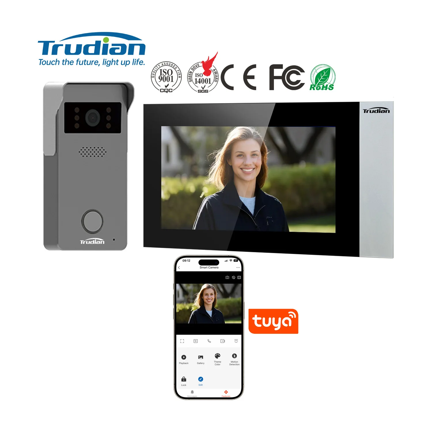 Trudian 7 Inch IP65 Waterproof Smart Doorbell 2-Wire 7 Days Sample Video Door Phone Multiple Apartments Outdoor Monitor Color