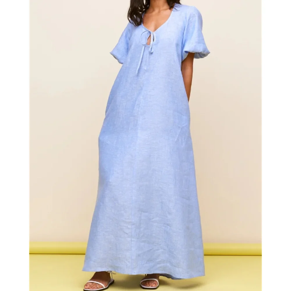 2024 Лидер продаж льняное платье макси с пуховками большого размера женское повседневное Летнее длинное осенняя одежда