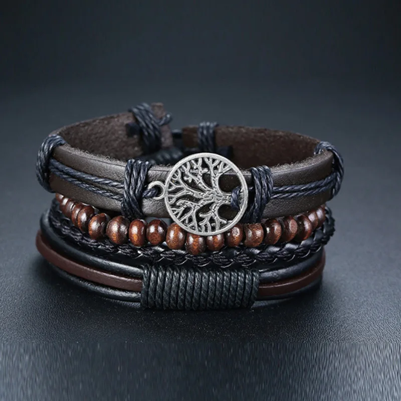 Men Vintage 4Pcs/ Set Braided Wrap Leather Bracelets Handmade Wristbands Life Of Tree Leather Bracelet