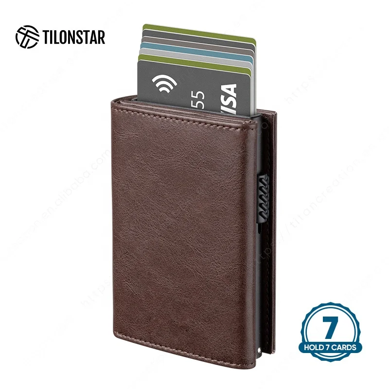 TILONSTAR Rfid Smart Wallet Genuine Leather Pop up Cardholder Aluminum Wallets Business Credit Card Holder