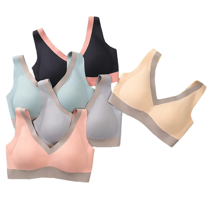 
New style Seamless Bra wireless V-neck sport bra one-piece ice silk traceless wirefreee backless push up Latex bra 