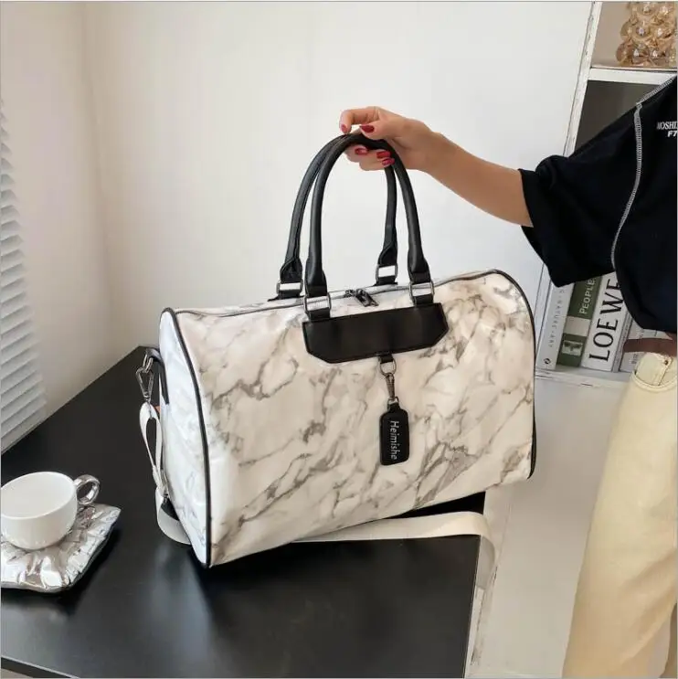 Marble pattern PU leather travel bag stylish fashion woman weekender overnight bag portable gym sports shoulder bag