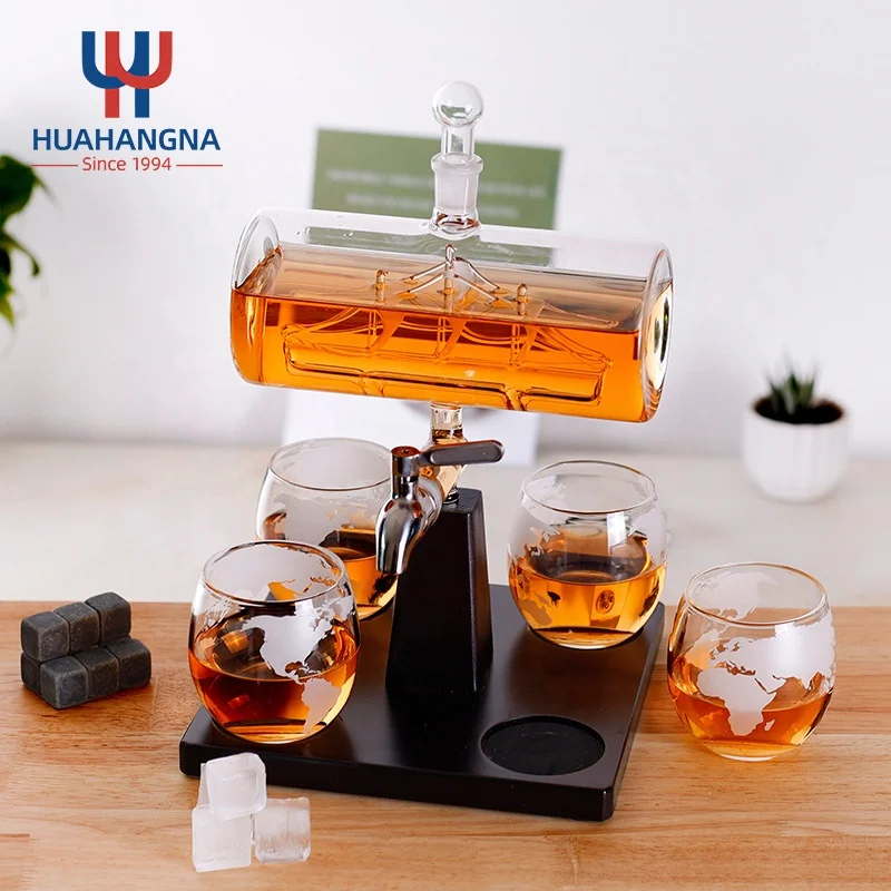 Набор с графином для виски и вина ручной работы 1000 мл 4 круглыми бокалами ликера рома или спирта