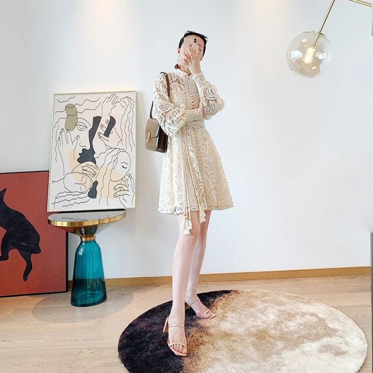 
Paisley Flower Hollow Out Embroidery Lace Female Stand Collar Bag Buckle Lantern Sleeve Long Skirt Dress 