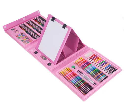 Non-Toxic Kids Plastic Case Watercolor Pen Colour Pencil 208 Pieces Art Drawing Set With Easel Kit