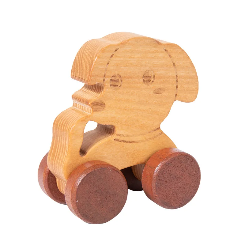 Best selling toddler montessori natural wood car toy with wheels animal shaped educational children wooden car toy for kids