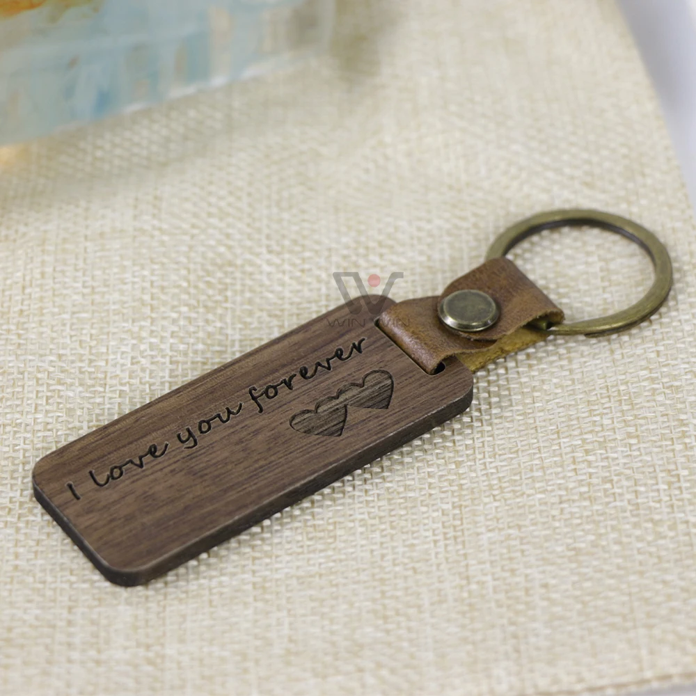 2023 New Products Hand Made Wooden Keychain Custom Logo Key Chain Wooden Keyrings Leather For Teachers Gift