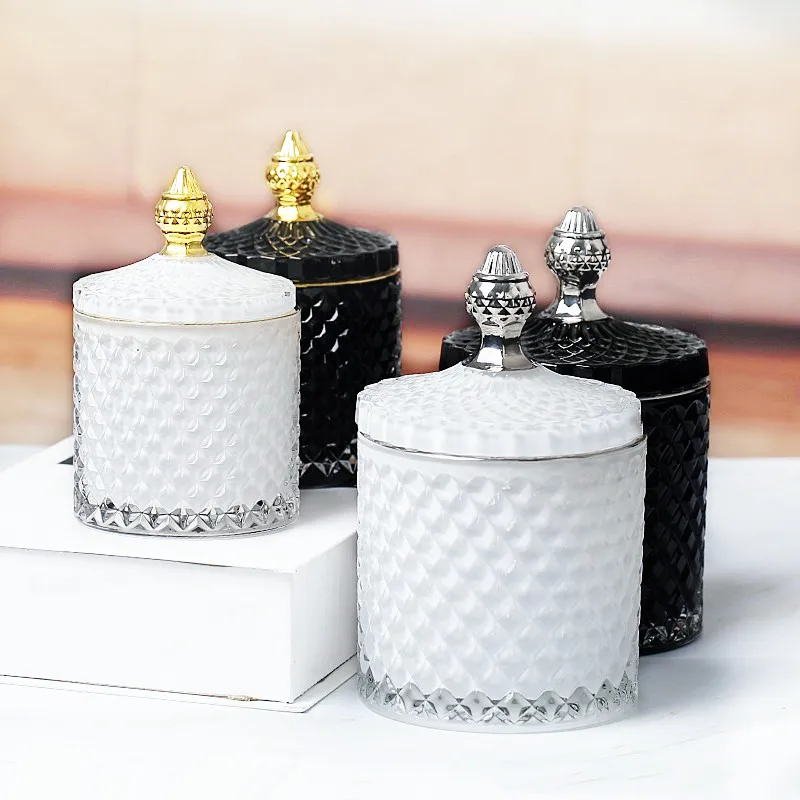 Wholesale 10oz Luxury geo cut Glass Candle Jars Empty Candle Container With Lid For Candle Making