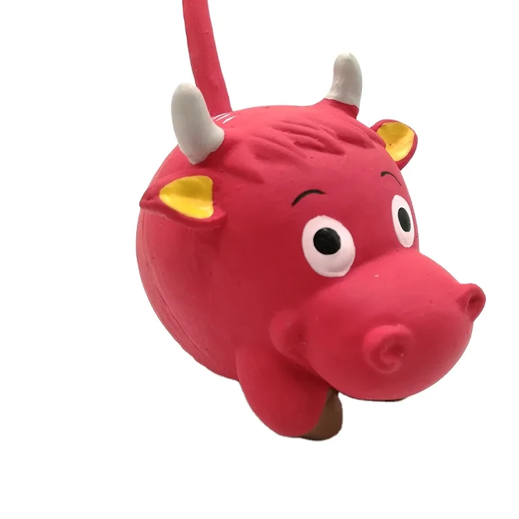 Eco-friendly soft rubber latex squeaky dog toys red cattle with long tail interactive pet toys for small size dogs and puppies