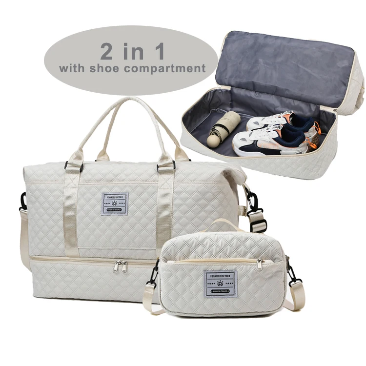 2 in 1 Large Capacity Travel Weekender Bag Duffel Tote Bag Set With Small Hand Wash Bag With Wet Pocket Shoes Compartment