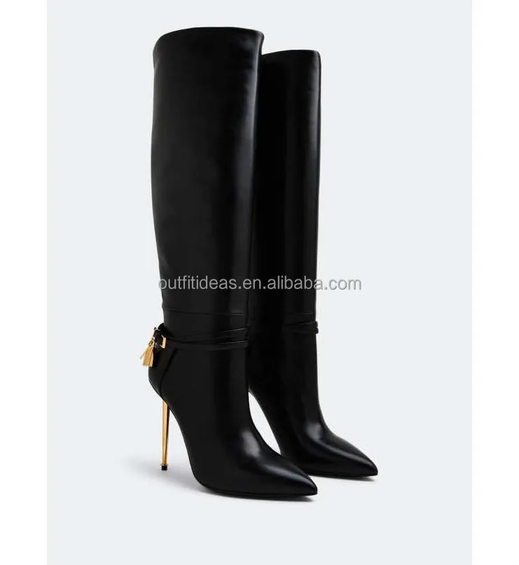 Top Quality Smooth Calfskin Lock & Key Boots Girl Knee High Golden Spike Heel Chelsea Boots Luxury Women Padlock Leather Boots