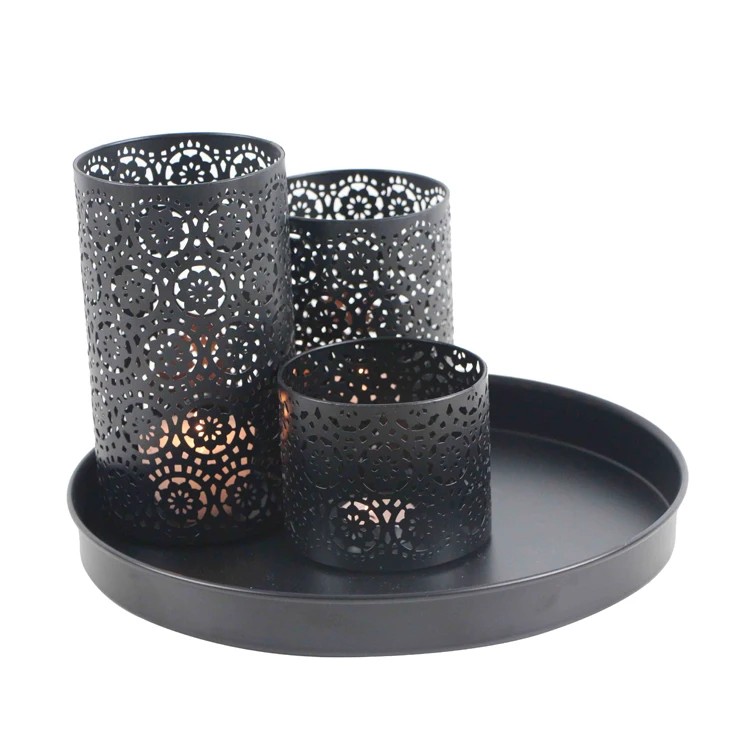 New Set of 3 Matt black Tabletop hollow out flower pattern pilliar candle holder with plate