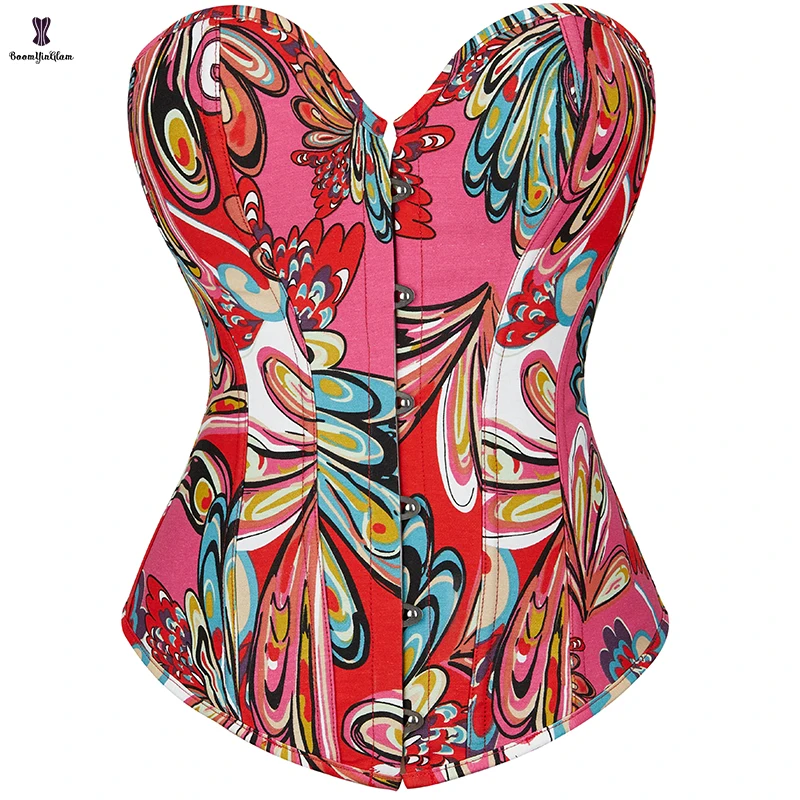 6 Brooches Closure Red Green Vintage Korsett Chest Binder Bustier Butterfly Print Overbust Corset Top For Women