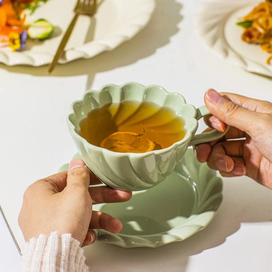 ins Korean Simple Lace Petal Edge Luxury Afternoon Tea Ceramic Coffee Cup And Saucer Set