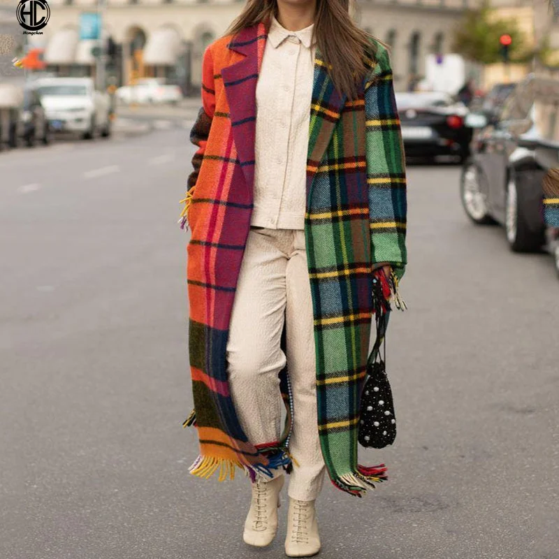 2022 famous brand design luxuries turn-down collar tassel long lady jacket blocking plaid loose cardigan woolen coats