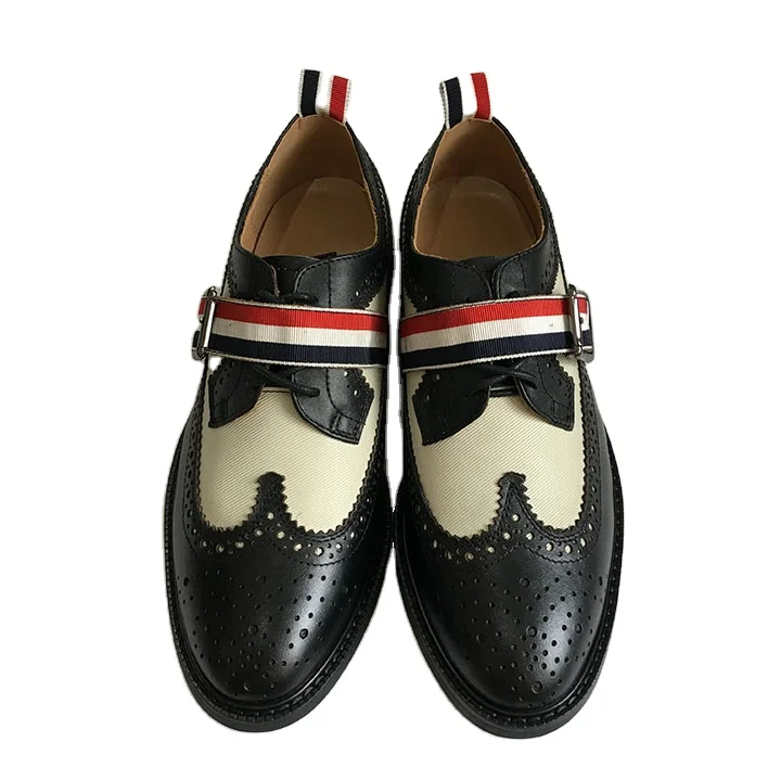 TB THOM Classic Black and White Pebble Grain Classic Longwing Brogue With Grosgrain Strap Men Custom Shoes