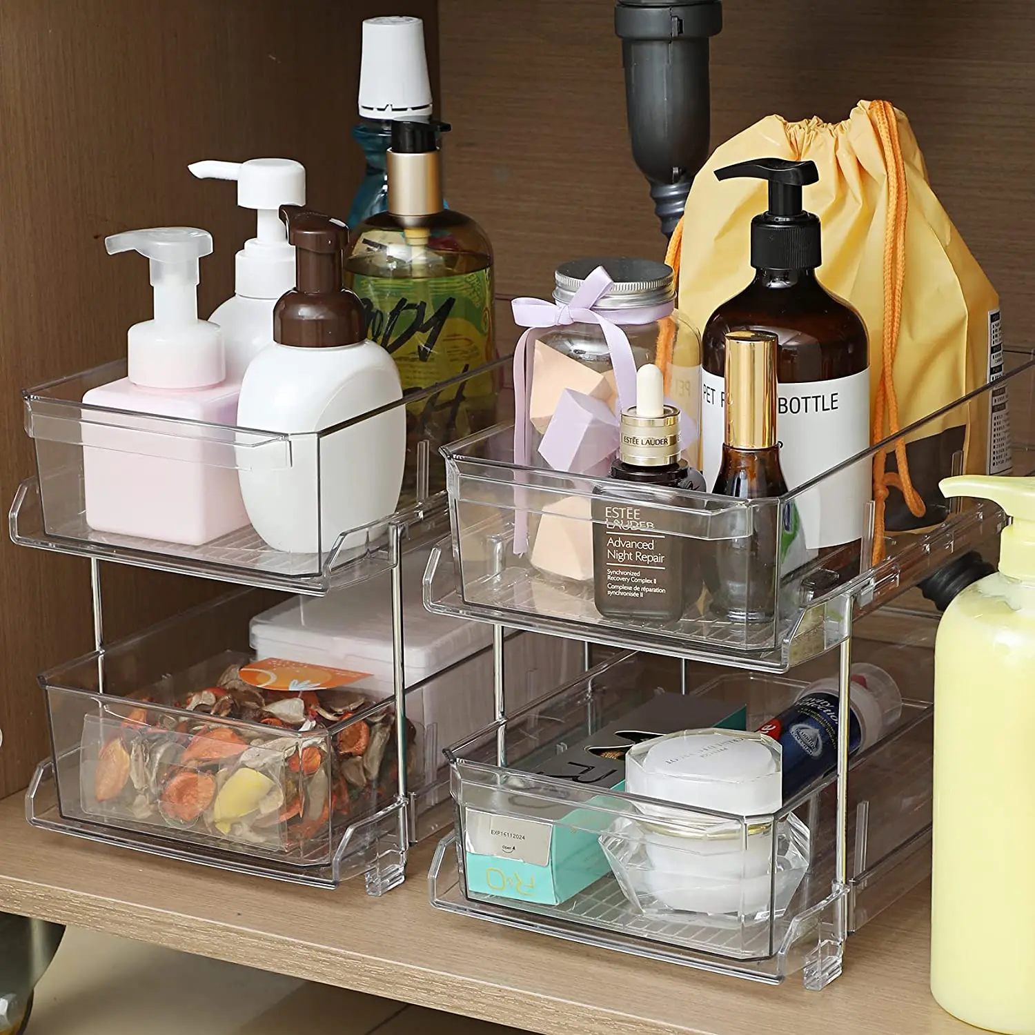 2-Tier Clear with Removable Dividers Slide-Out Plastic Storage Bins Bathroom Under Sink Organizer Kitchen Fridge Bins Wholesale