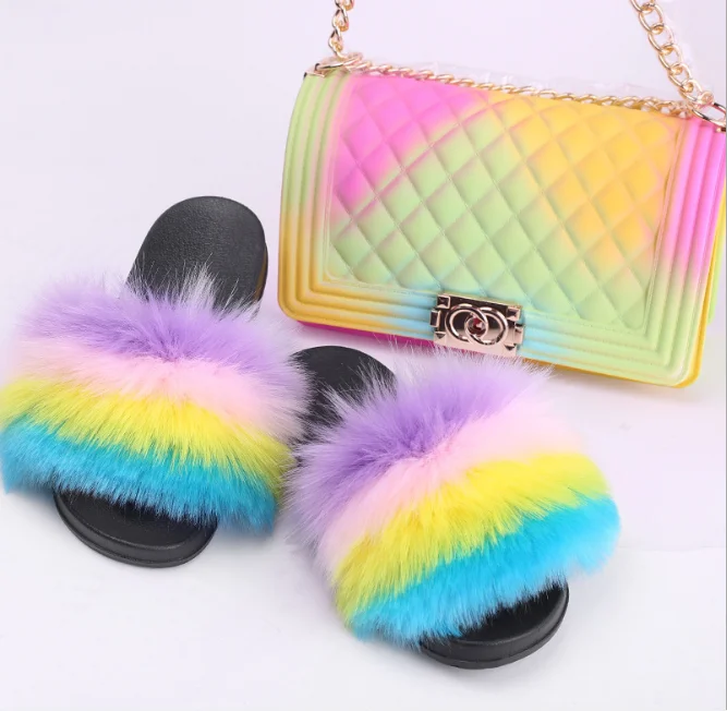 
Hot Sale Products Indoor Night Party Use Mini Jelly Purse Faux Fur Slides 