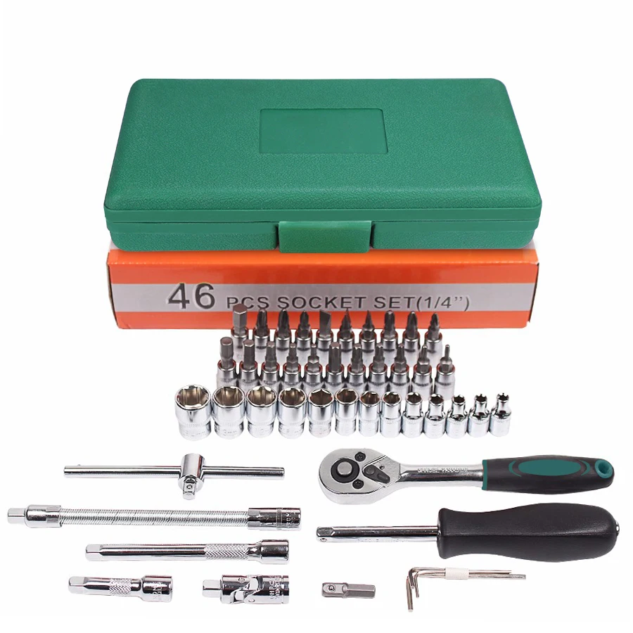 46pcs Car Repair Tool Set 1/4-Inch Socket Set Ratchet Torque Wrench Combo Tools Kit Auto Repairing Tool