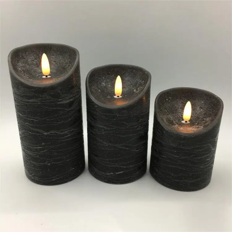 Electric Wickless Pillar Battery Operated Flickering Timer Set of 3 Realistic Flameless Black LED Candles with Remote Control