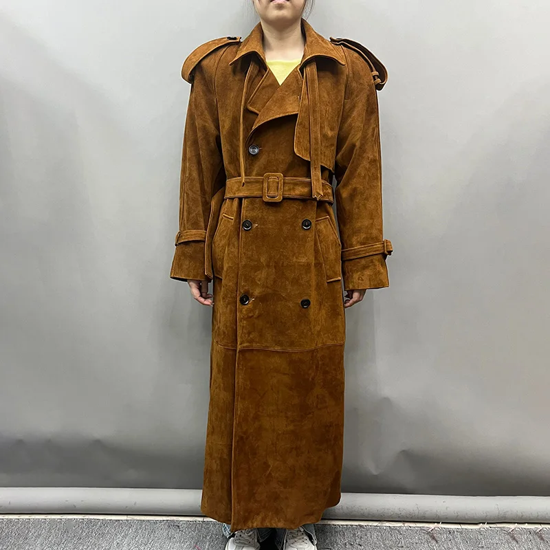 Oversize Trendy Fashion New Coming Maxi Long Coat Women Luxury Suede Leather Trench Coat