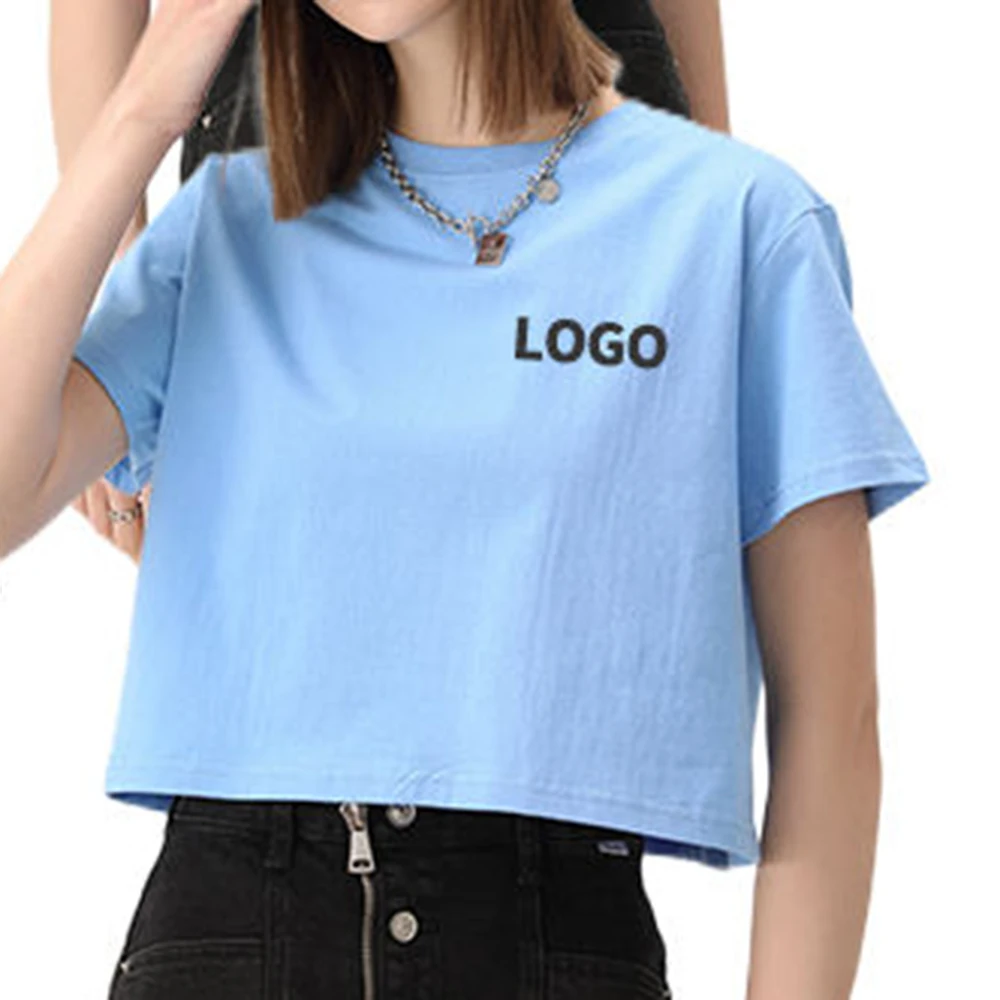 Summer 100%  Cotton Sexy Casual Acid Wash Retro Embroidery Print Short Navel Cropped Crop Tops For Women Crop Top T-Shirt