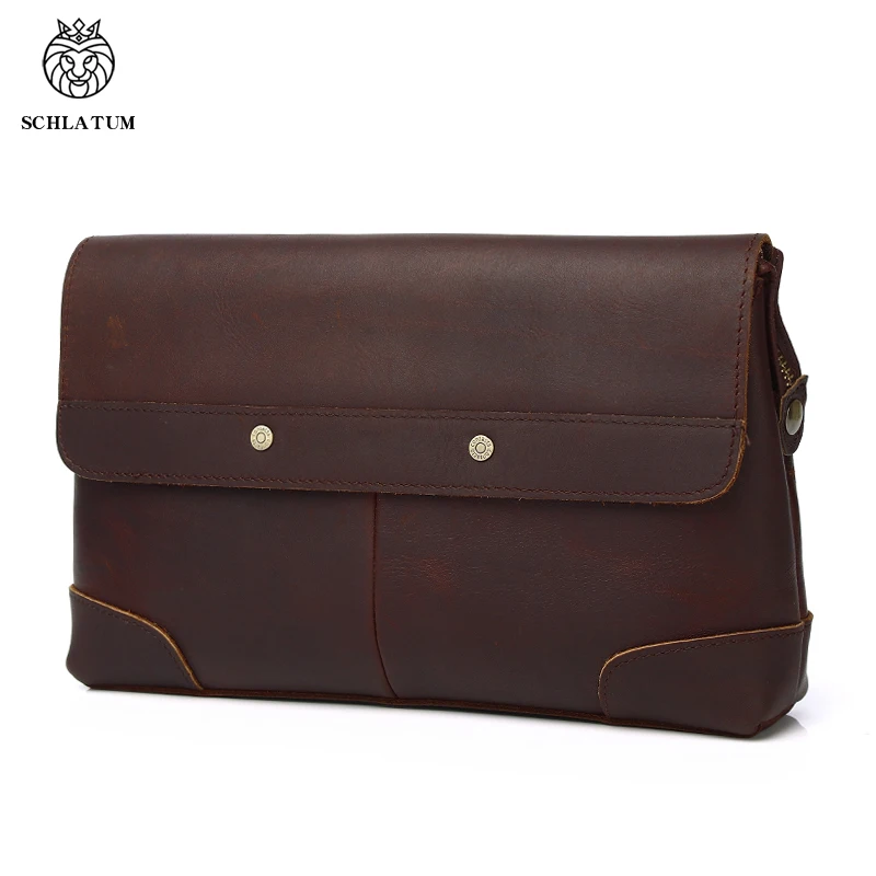 SCHLATUM Fashion Design Crazy Horse Leather Clutch Bag Document Envelope Genuine Leather Hand Bag for Men wallets